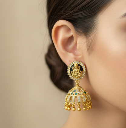 92.5 Silver Gold Plated Lakshmi Devi Jhumka Earrings for Women | Divine Temple Design | Traditional Jewellery