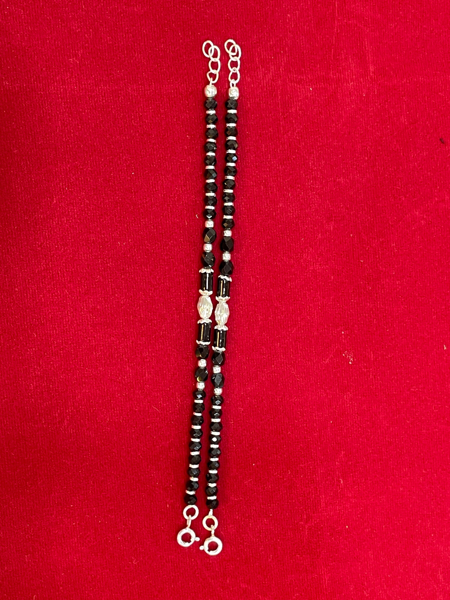 Silver Nazariya Black Bead Anklet for Kids | Set of 2 with Oval Silver Charm