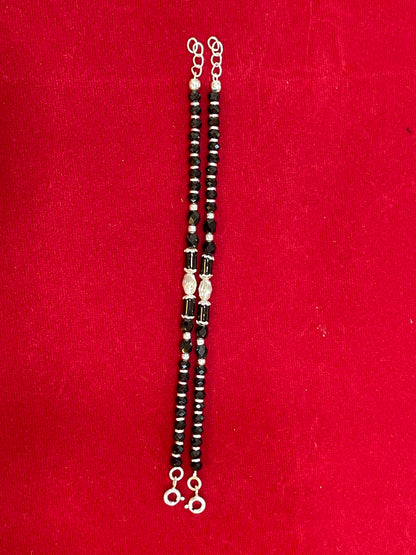 Silver Nazariya Black Bead Anklet for Kids | Set of 2 with Oval Silver Charm