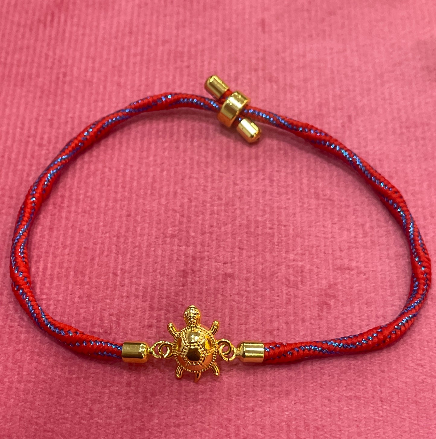 Gold Plated Tortoise Charm Bracelet for Women | Red & Blue Adjustable Thread