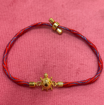 Gold Plated Tortoise Charm Bracelet for Women | Red & Blue Adjustable Thread