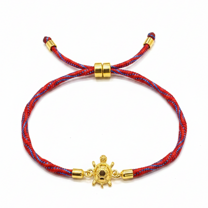 Gold Plated Tortoise Charm Bracelet for Women | Red & Blue Adjustable Thread