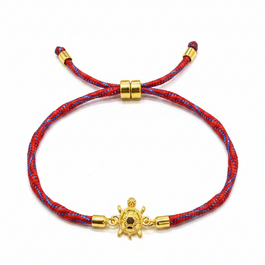 Gold Plated Tortoise Charm Bracelet for Women | Red & Blue Adjustable Thread