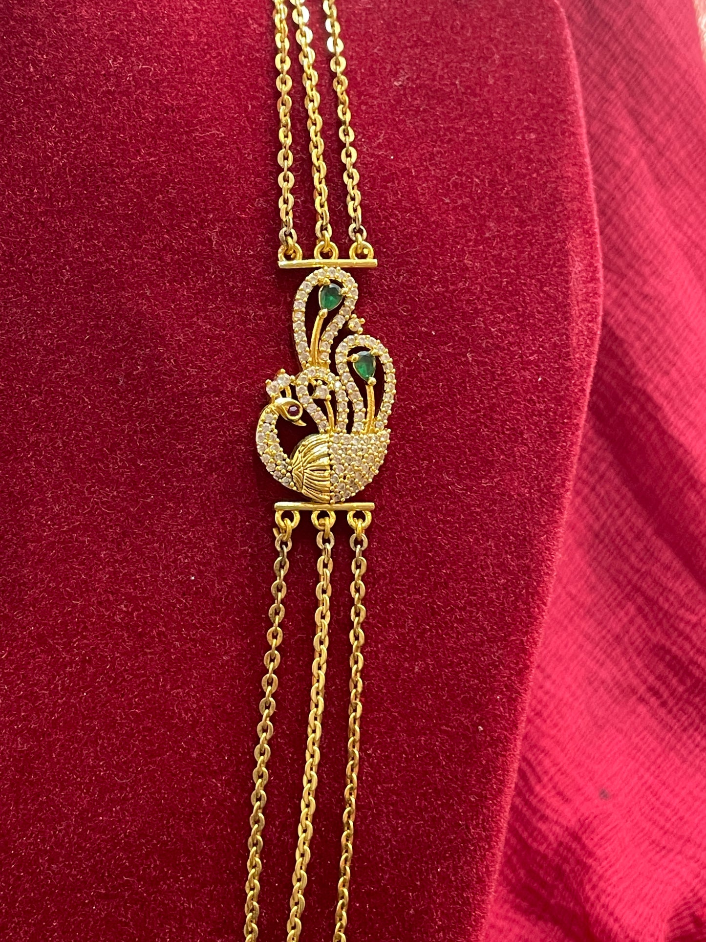 92.5 Silver Gold Plated Peacock Three Chain Haram 25 Inches | Traditional Temple Design | Bridal Jewellery