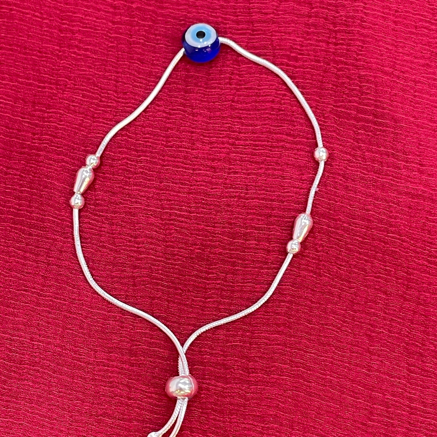 92.5 Silver Evil Eye Charm Cord Adjustable Bracelet for Women | Teardrop & Ball Bead Design