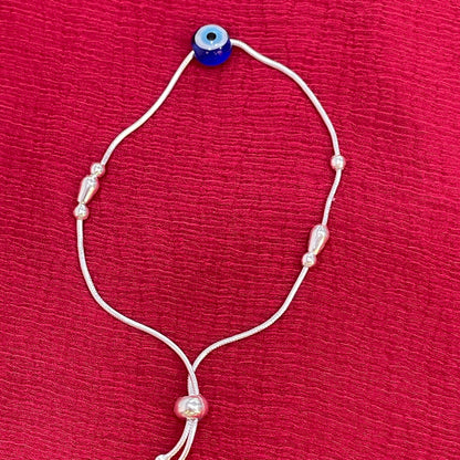 92.5 Silver Evil Eye Charm Cord Adjustable Bracelet for Women | Teardrop & Ball Bead Design