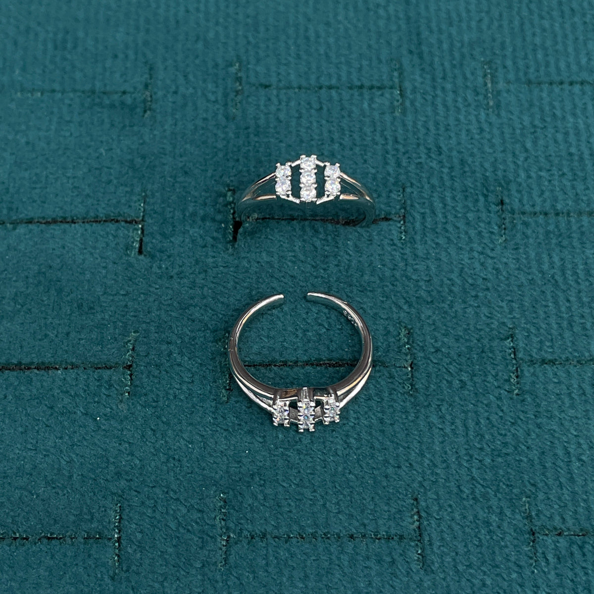 92.5 Sterling Silver CZ Double Row Cluster Open Toe Rings for Women — Pair
