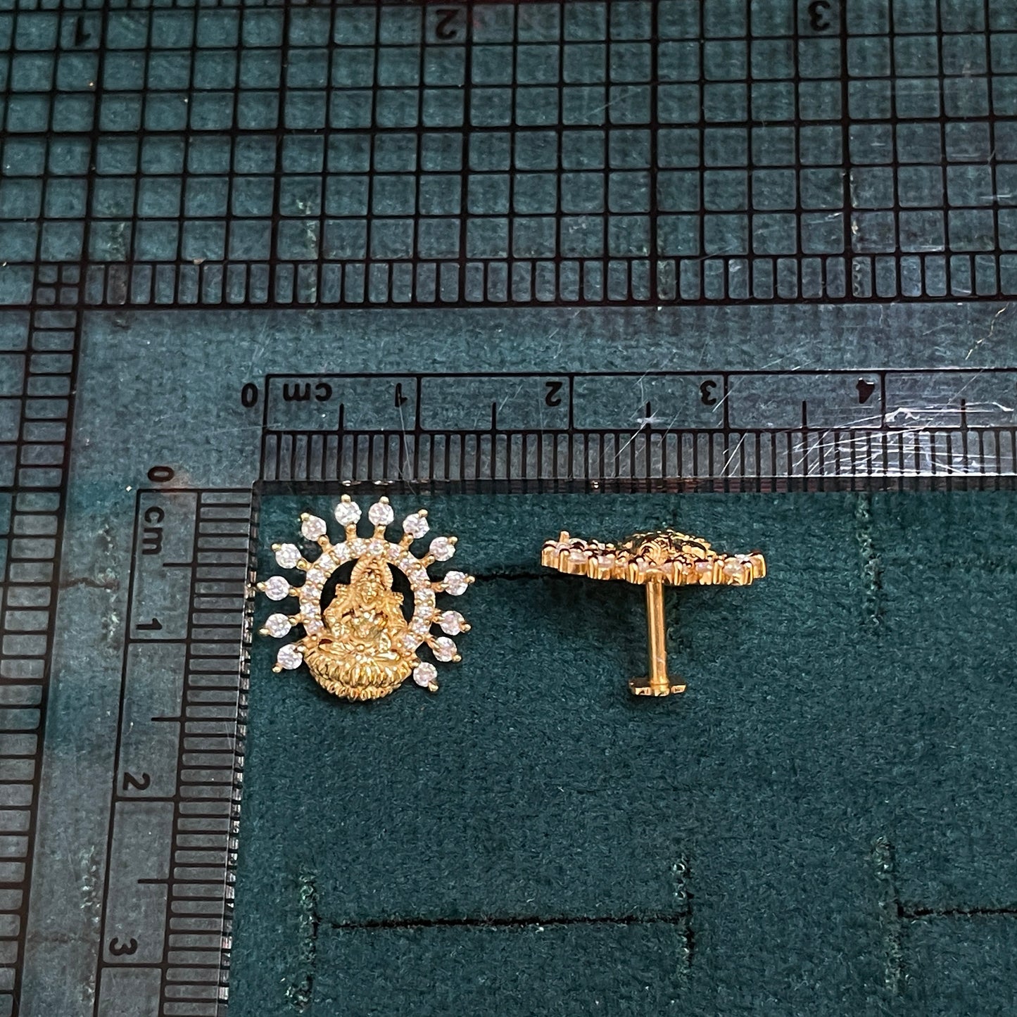 Gold Plated 92.5 Sterling Silver Goddess Lakshmi Stud Earrings for Women | CZ Halo Temple Jewellery Lakshmi Studs