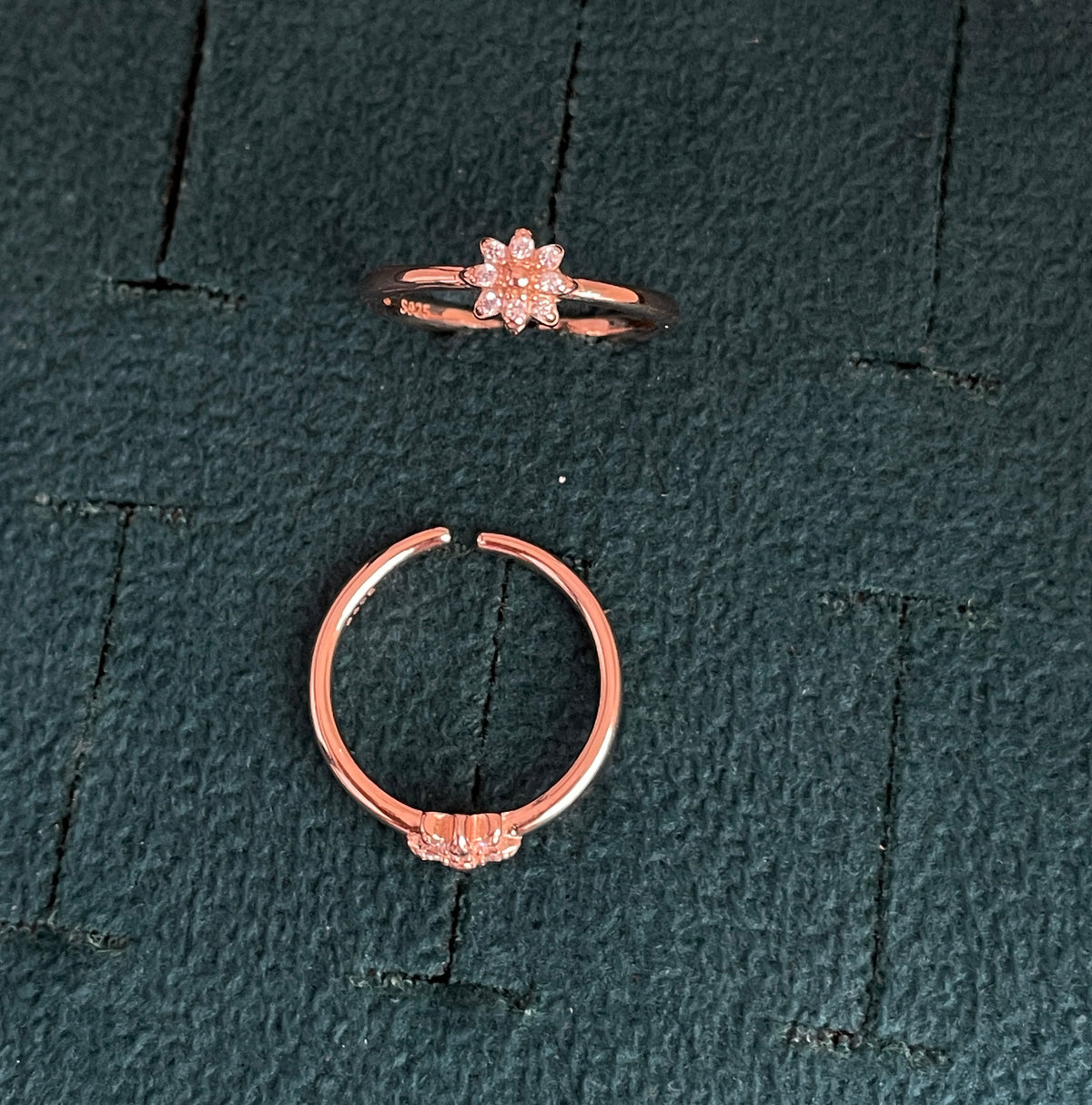 92.5 Silver Rose Gold Plated White CZ Blossom Toe Rings