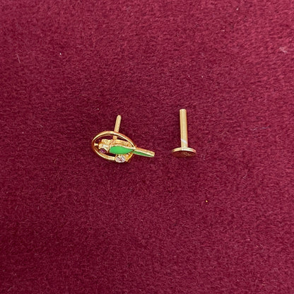92.5 Sterling Silver Gold Plated Green Enamel Parrot Nose Pin