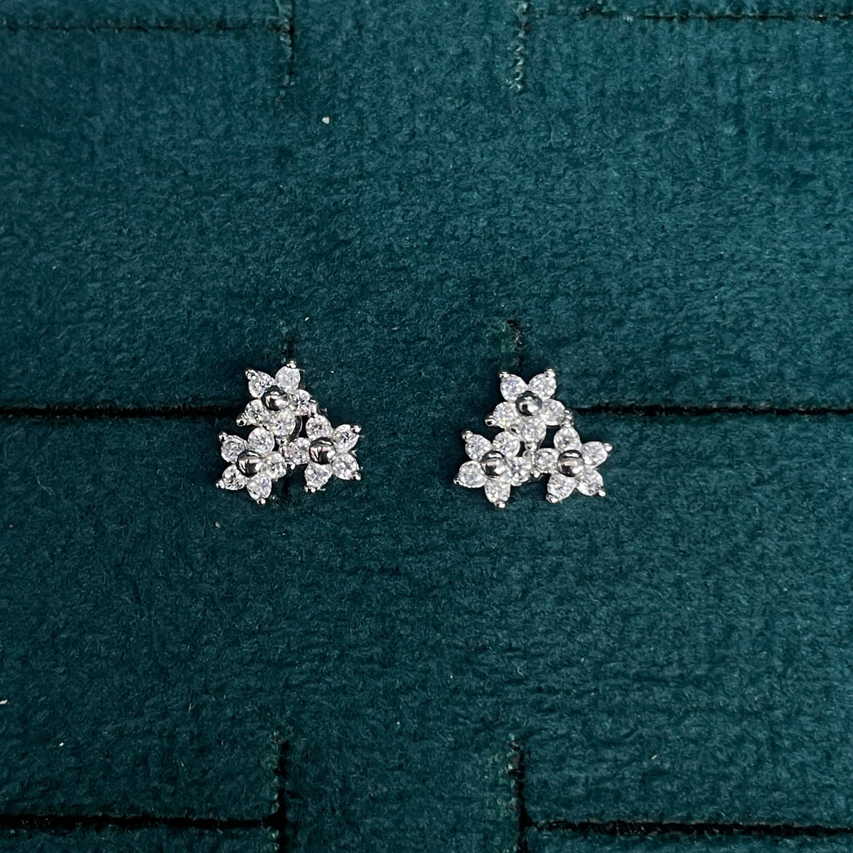 92.5 Silver Clear Stone Triple Flower Studs Pair