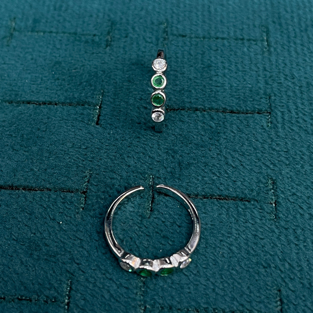 92.5 Sterling Silver Emerald Green & White CZ Four Stone Bezel Open Toe Rings for Women — Pair