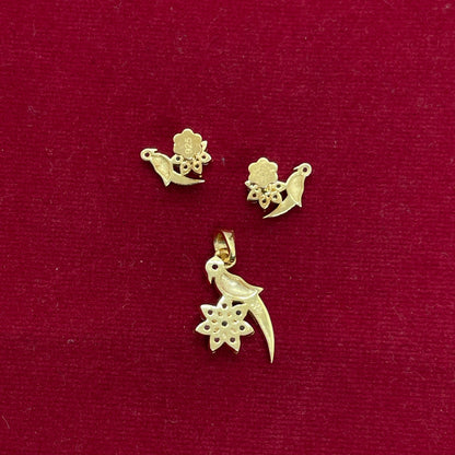 92.5 Sterling Silver Gold Plated Parrot on Flower Pendant & Earrings Set for Women | Green Enamel Parrot with Ruby CZ Eye