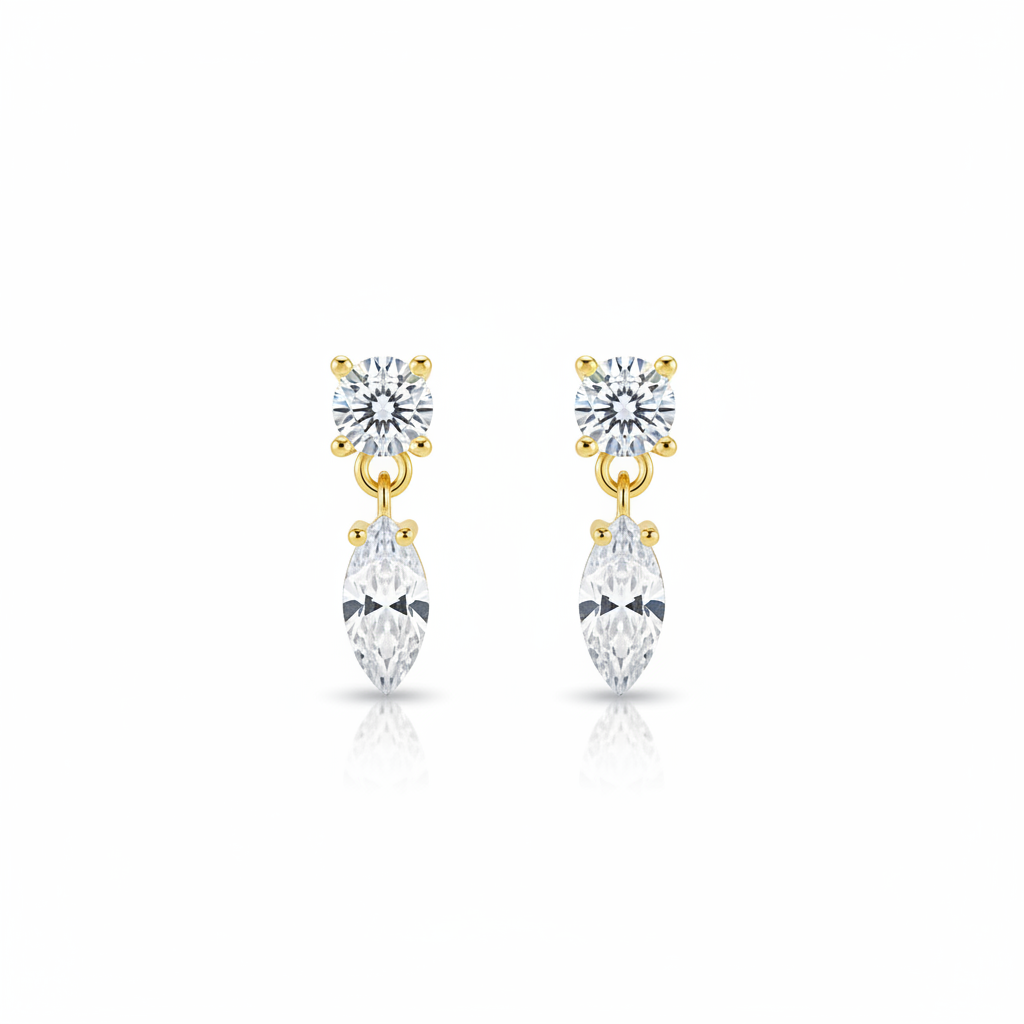 92.5 Sterling Silver Gold Plated Round & Marquise White CZ Two-Stone Drop Earrings for Women