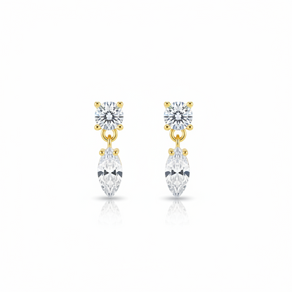 92.5 Sterling Silver Gold Plated Round & Marquise White CZ Two-Stone Drop Earrings for Women