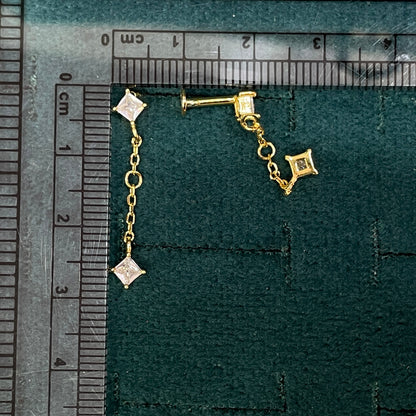 92.5 Sterling Silver Gold Plated Princess Cut White CZ Long Chain Drop Earrings for Women