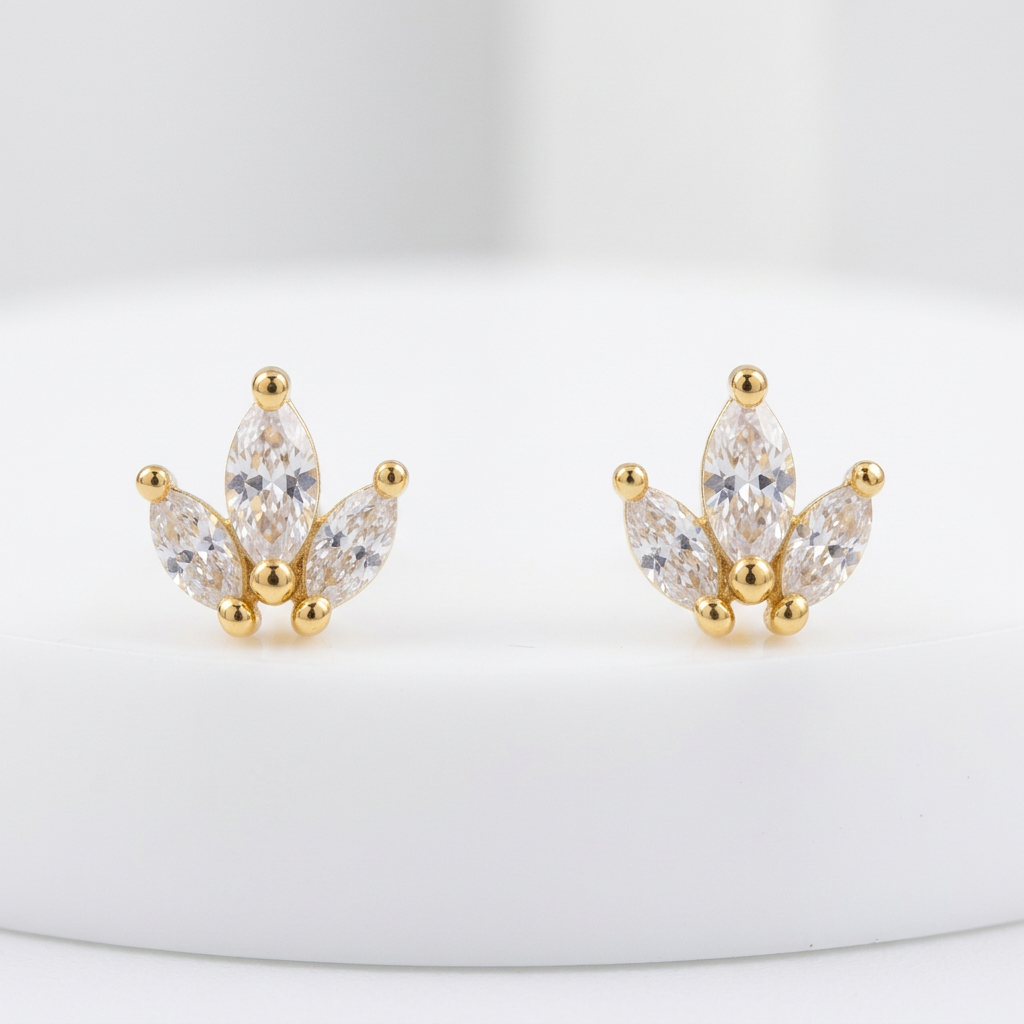 92.5 Silver Gold Plated Three Leaf Stud Earrings Pair