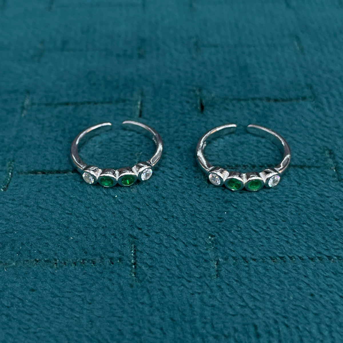 92.5 Sterling Silver Emerald Green & White CZ Four Stone Bezel Open Toe Rings for Women — Pair