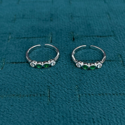 92.5 Sterling Silver Emerald Green & White CZ Four Stone Bezel Open Toe Rings for Women — Pair