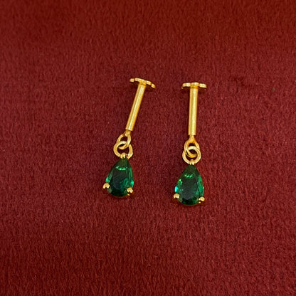 92.5 Silver Gold-Plated Bugadi for Women | Emerald Green Teardrop CZ Dangle on Bar Stud | Helix Earring pair