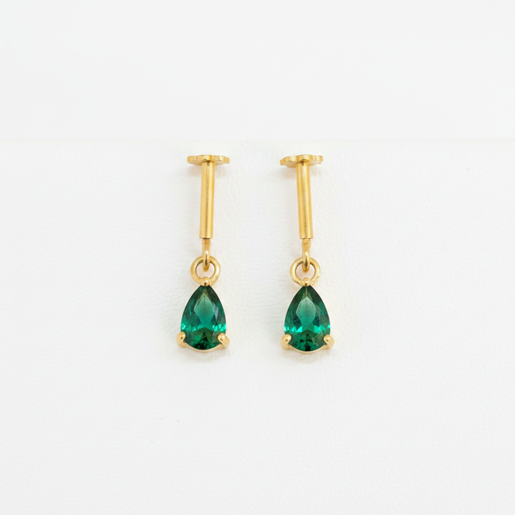 92.5 Silver Gold-Plated Bugadi for Women | Emerald Green Teardrop CZ Dangle on Bar Stud | Helix Earring pair