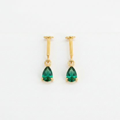 92.5 Silver Gold-Plated Bugadi for Women | Emerald Green Teardrop CZ Dangle on Bar Stud | Helix Earring pair