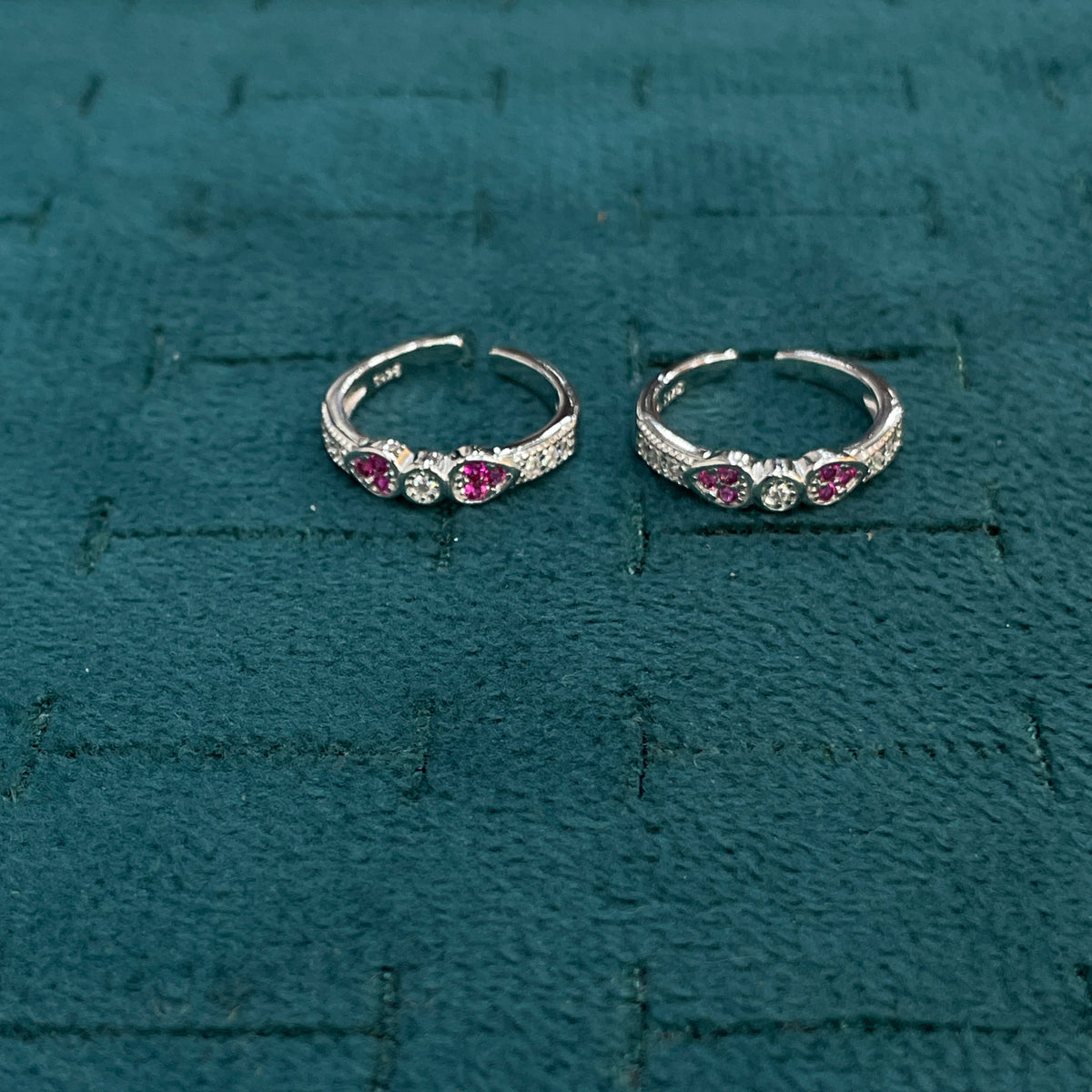 92.5 Silver Pink CZ Heart Toe Rings for Women
