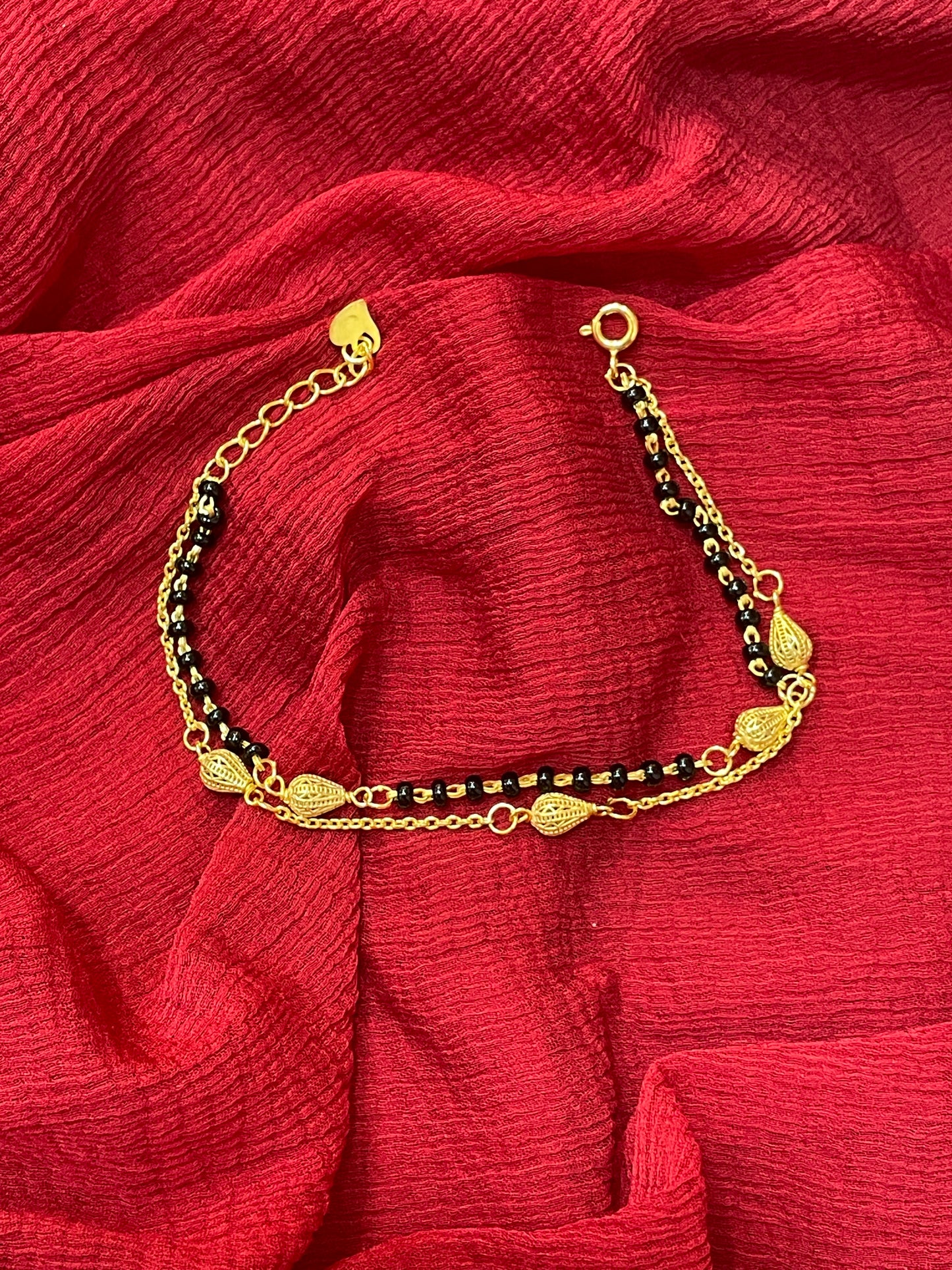 92.5 Silver Gold Plated Double Line Black Bead Bracelet for Women 7.5 Inches | Classy Elegant Design | Stylish Jewellery