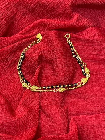 92.5 Silver Gold Plated Double Line Black Bead Bracelet for Women 7.5 Inches | Classy Elegant Design | Stylish Jewellery