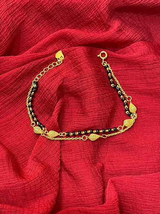92.5 Silver Gold Plated Double Line Black Bead Bracelet for Women 7.5 Inches | Classy Elegant Design | Stylish Jewellery
