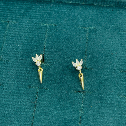92.5 Sterling Silver Gold Plated Marquise & Round White CZ Lotus Crown & Gold Spike Drop Earrings for Women