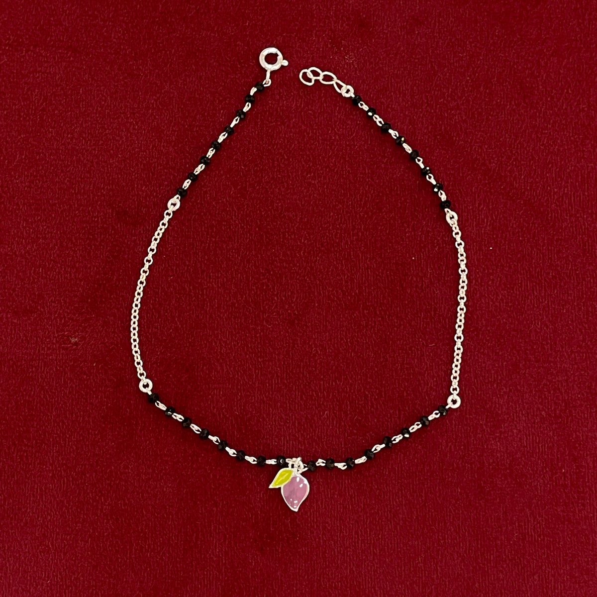 92.5 Silver Black Bead Leaf Charm Anklet - Single Pc