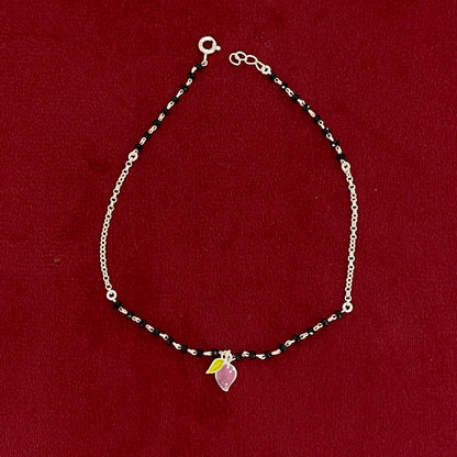 92.5 Silver Black Bead Leaf Charm Anklet - Single Pc