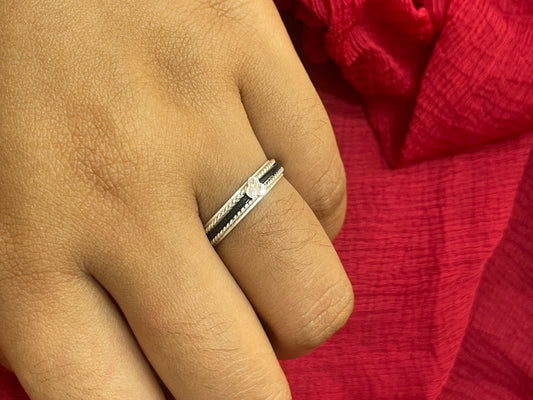 92.5 Silver Black Thread Ring for Men Size 18 | 3 Clove Fiber Design | Stylish Modern Jewellery