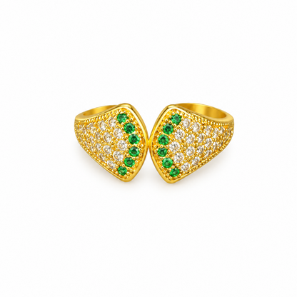 92.5 Silver Gold Plated Green & White CZ Pave Shield Ring for Women