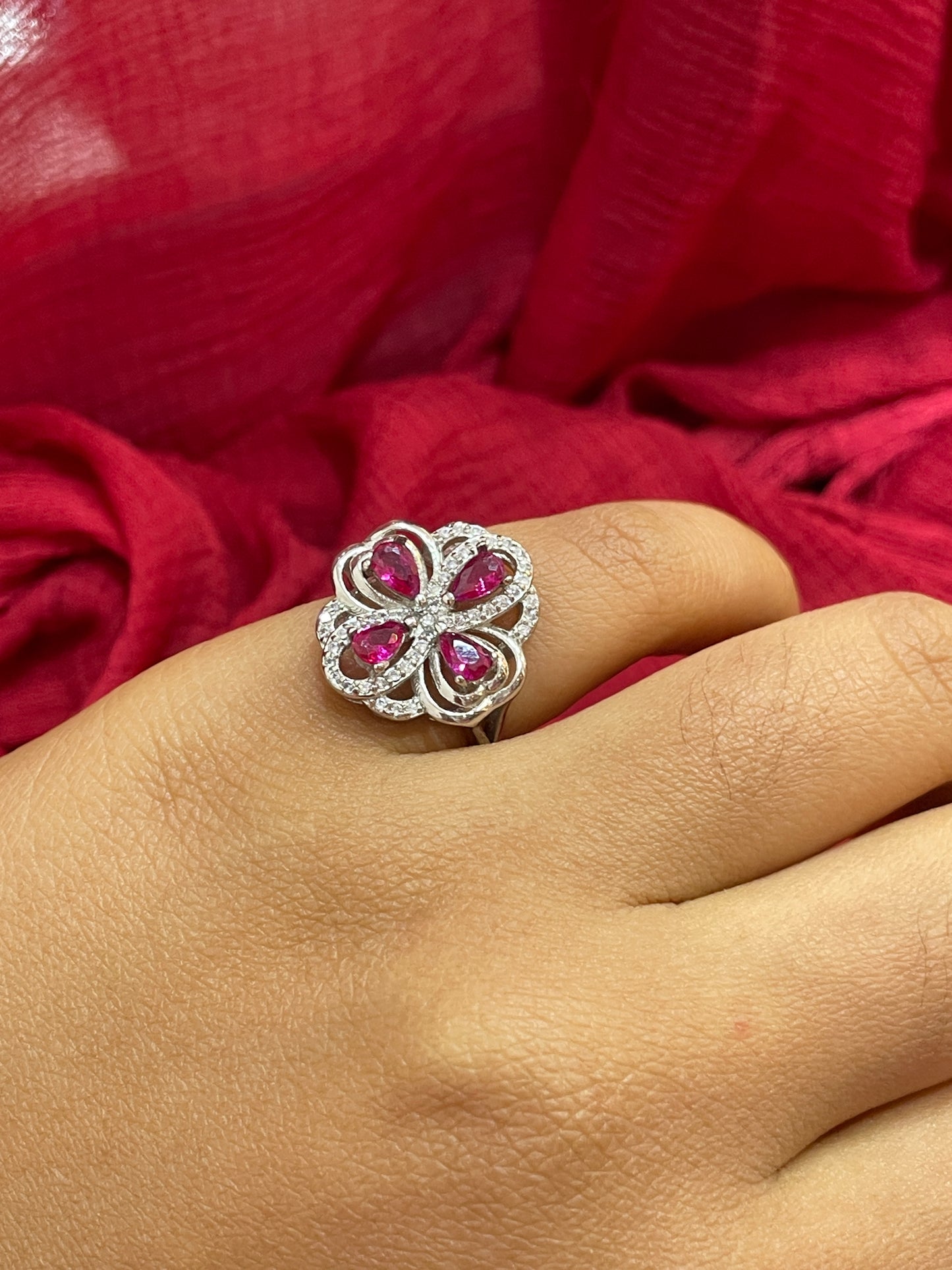 92.5 Silver Pink Stone Flower Ring for Women Size 9 | Stylish Floral Design | Elegant Jewellery