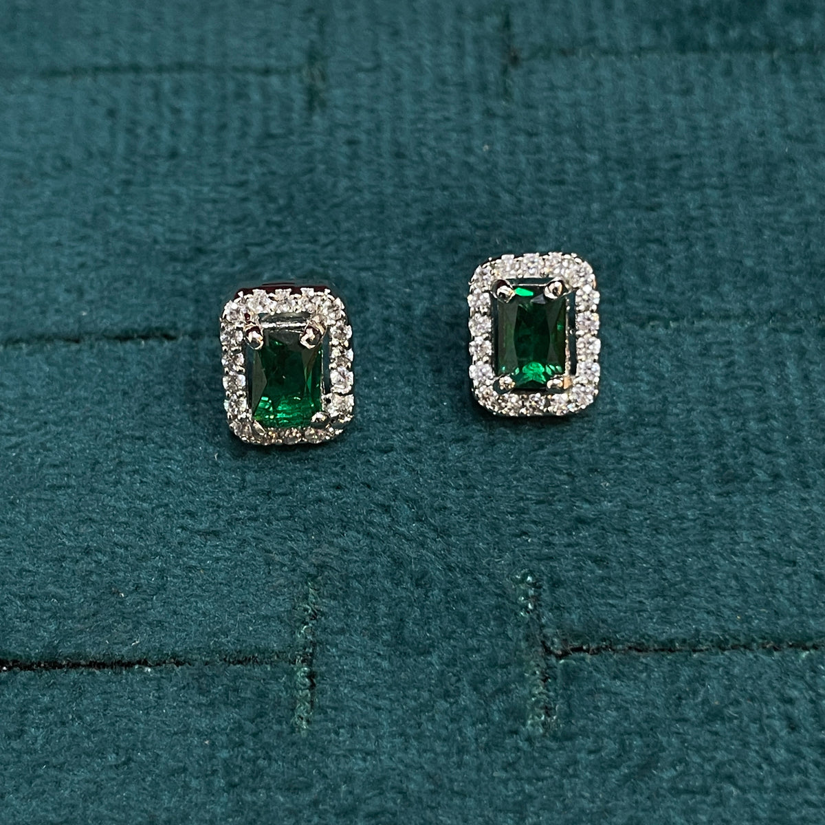 92.5 Sterling Silver Earrings for Women | Rectangular Green Stone with White Stone Halo pair