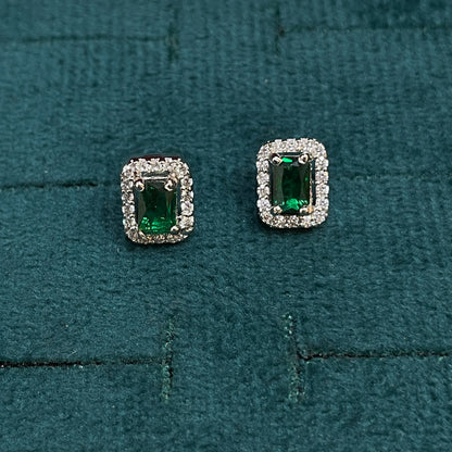 92.5 Sterling Silver Earrings for Women | Rectangular Green Stone with White Stone Halo pair