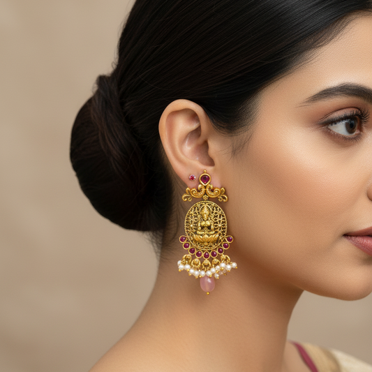 92.5 Silver Gold Plated Lakshmi Devi Earrings for Women | Stylish Temple Design | Traditional Jewellery