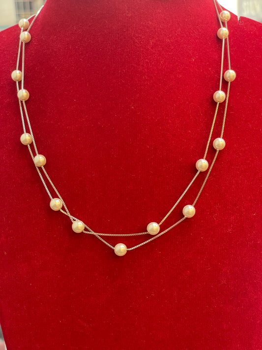 92.5 Silver Double Line Pearl Chain for Women 18.5 Inches | Elegant Layered Design | Classic Jewellery