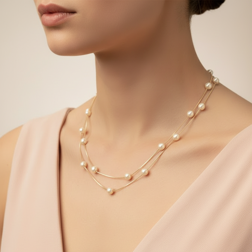 Pearl necklace on a person against a neutral background