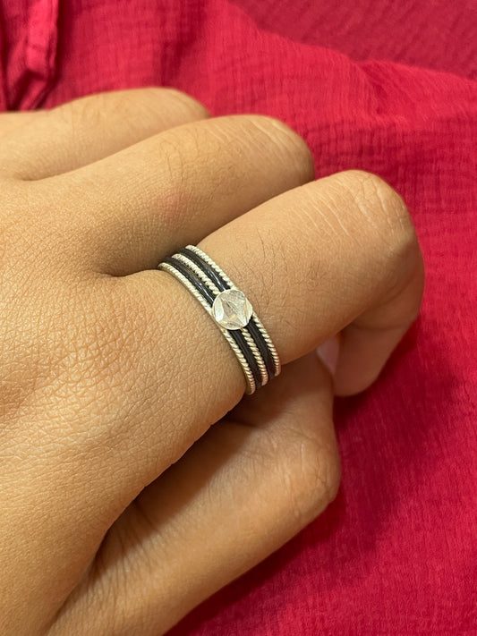 92.5 Silver Black Thread Ring for Men | Round Fiber Design | Stylish Daily Wear Jewellery