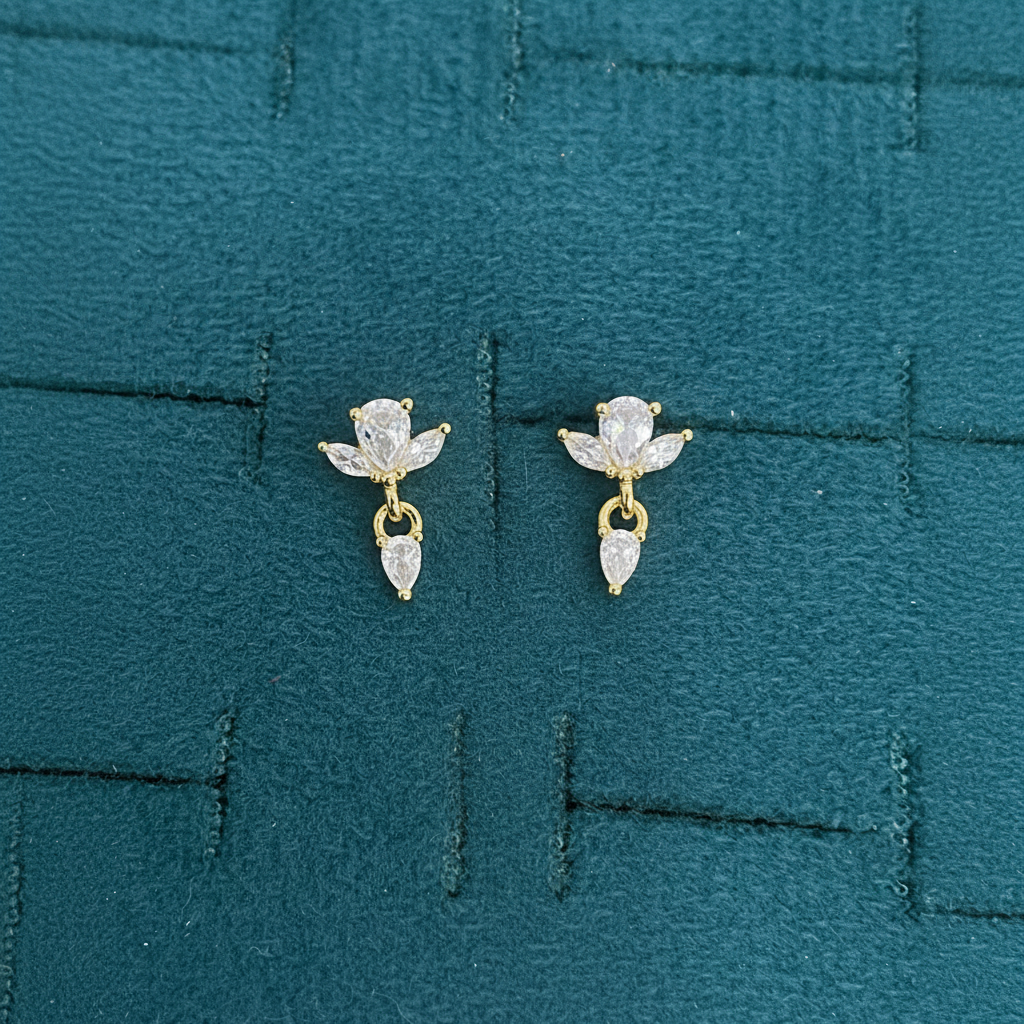 92.5 Sterling Silver Gold Plated Oval & Marquise White CZ Floral Crown & Pear Drop Earrings for Women