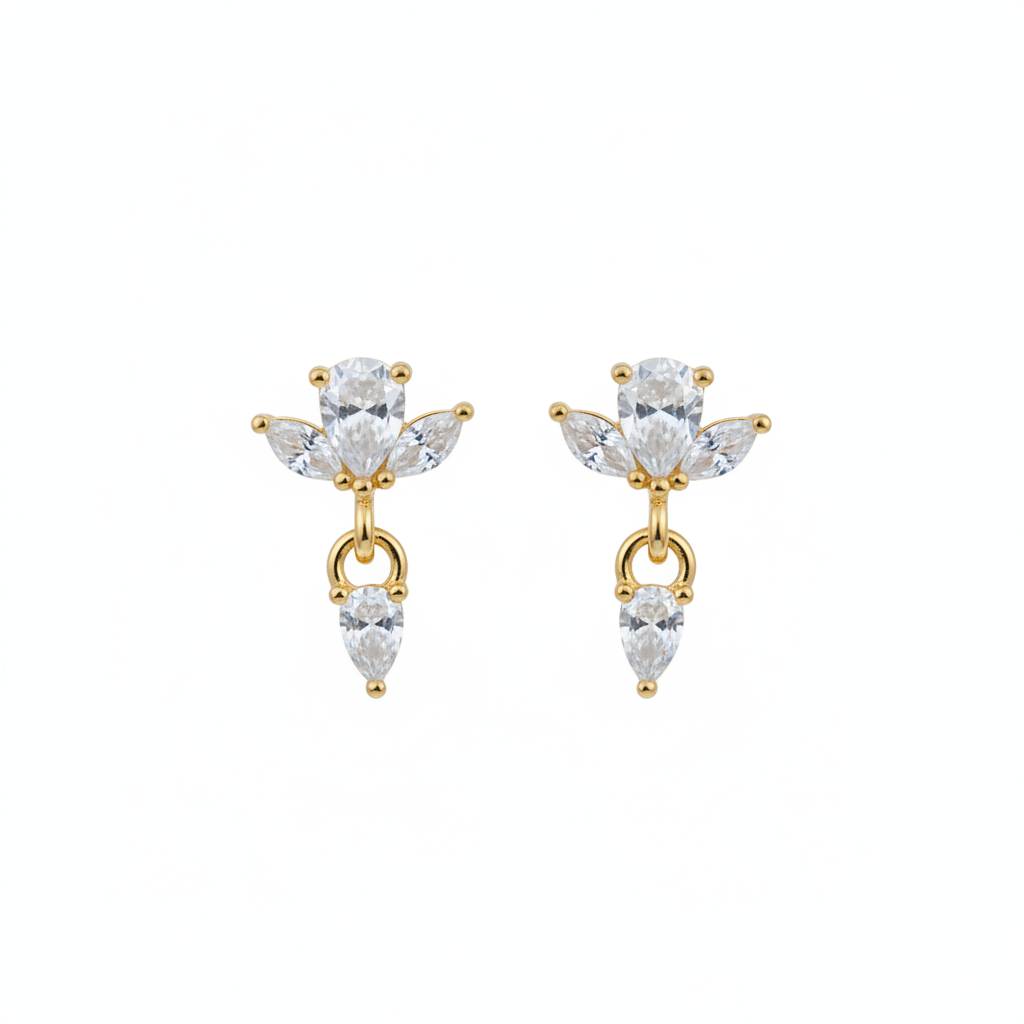 92.5 Sterling Silver Gold Plated Oval & Marquise White CZ Floral Crown & Pear Drop Earrings for Women