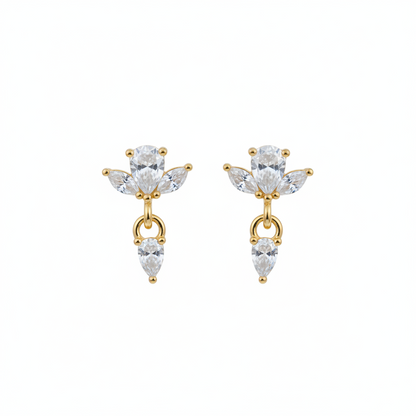 92.5 Sterling Silver Gold Plated Oval & Marquise White CZ Floral Crown & Pear Drop Earrings for Women