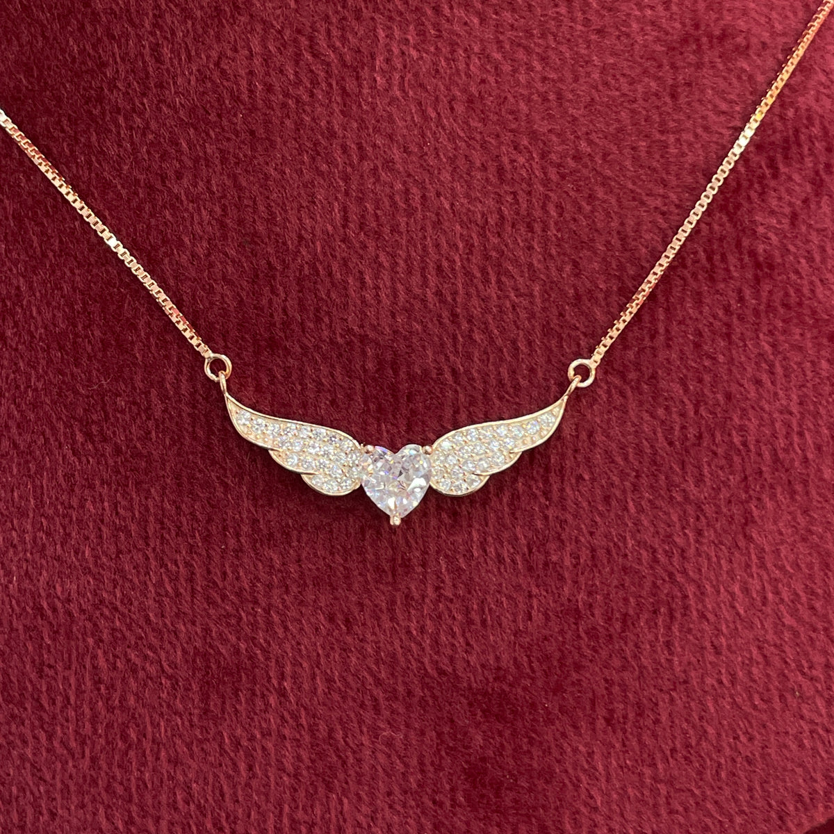 92.5 Silver Rose Gold Plated Pave CZ Angel Wings & Heart Pendant Necklace for Women