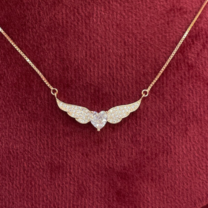 92.5 Silver Rose Gold Plated Pave CZ Angel Wings & Heart Pendant Necklace for Women