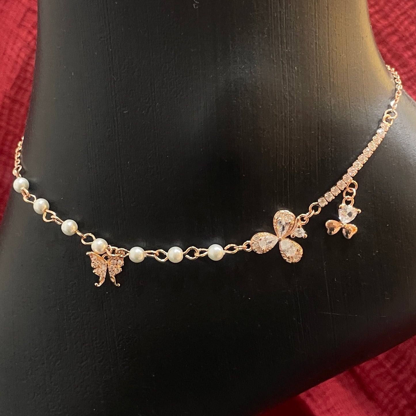 925 Silver Rose Gold Plated Butterfly & Pearl Anklet Pair