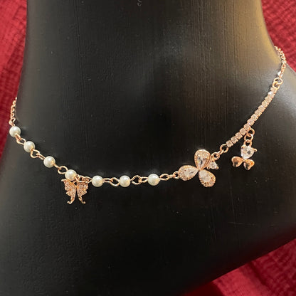 925 Silver Rose Gold Plated Butterfly & Pearl Anklet Pair