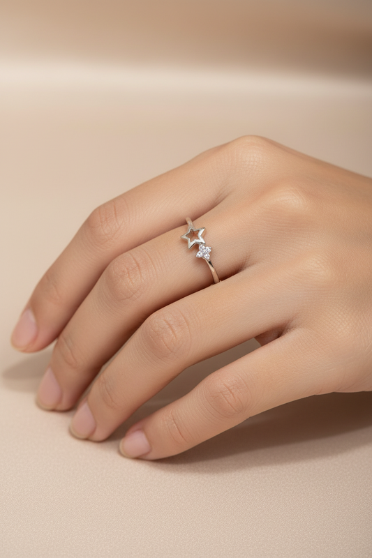 92.5 Silver Dual Star Ring - Size 16